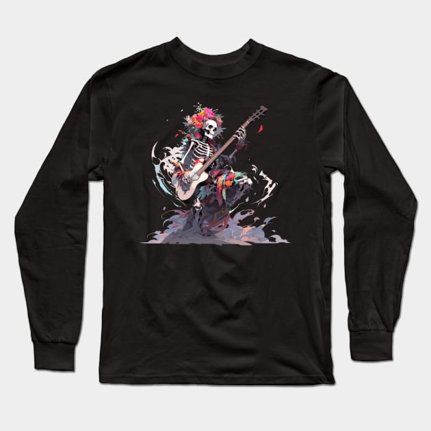 Skeleton With Guitar Muerta Flowers Long Sleeve T-Shirt by Nightarcade